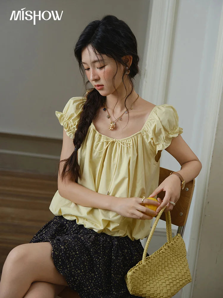 MISHOW 100% Cotton Blouse for Women 2025 Summer New Fashion Puff Sleeve Casual Commute Lace Up Top Ladies Clothing MXE37X1893