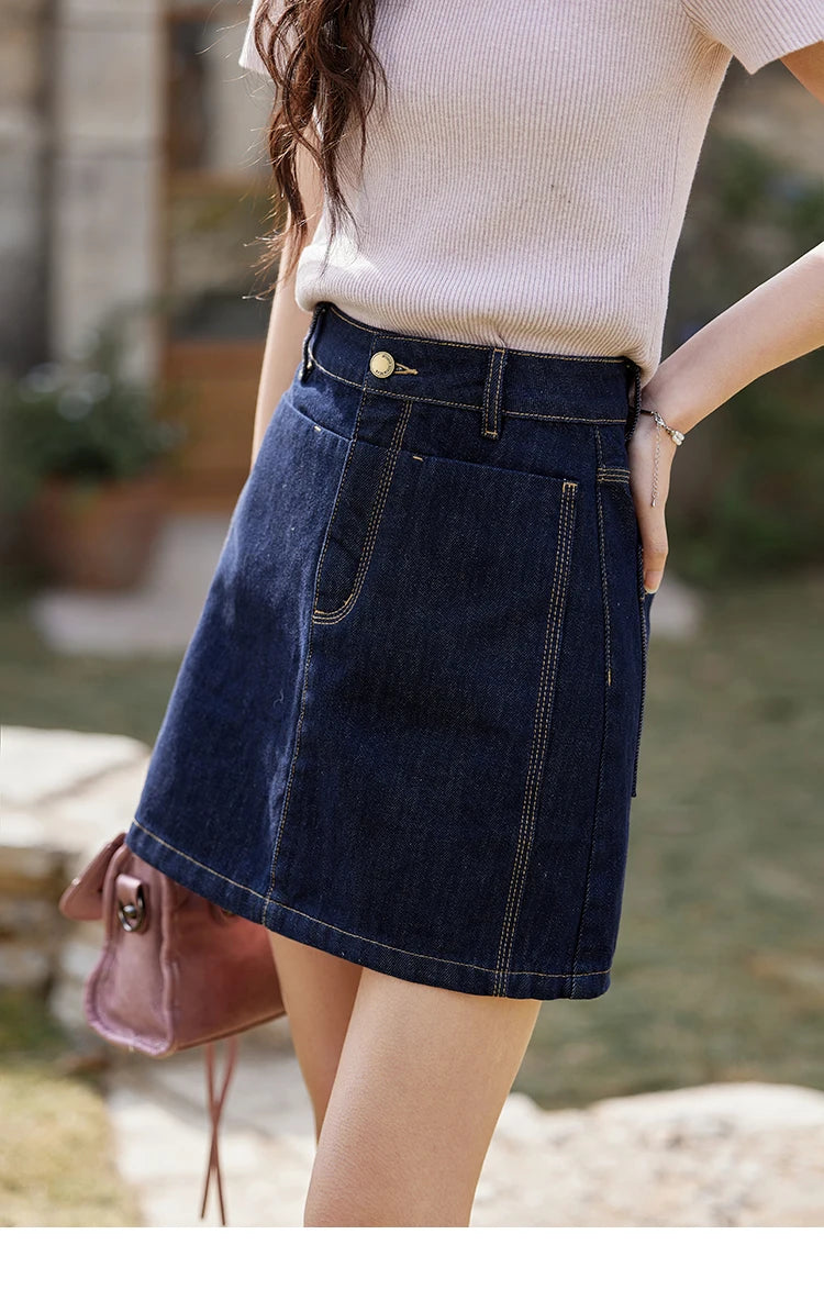 MISHOW Women's Retro Deep Blue Short Denim Skirt Spring High Waist Slim A-line Skirts Denim Commuting Versatile Skirt MXE13B0658