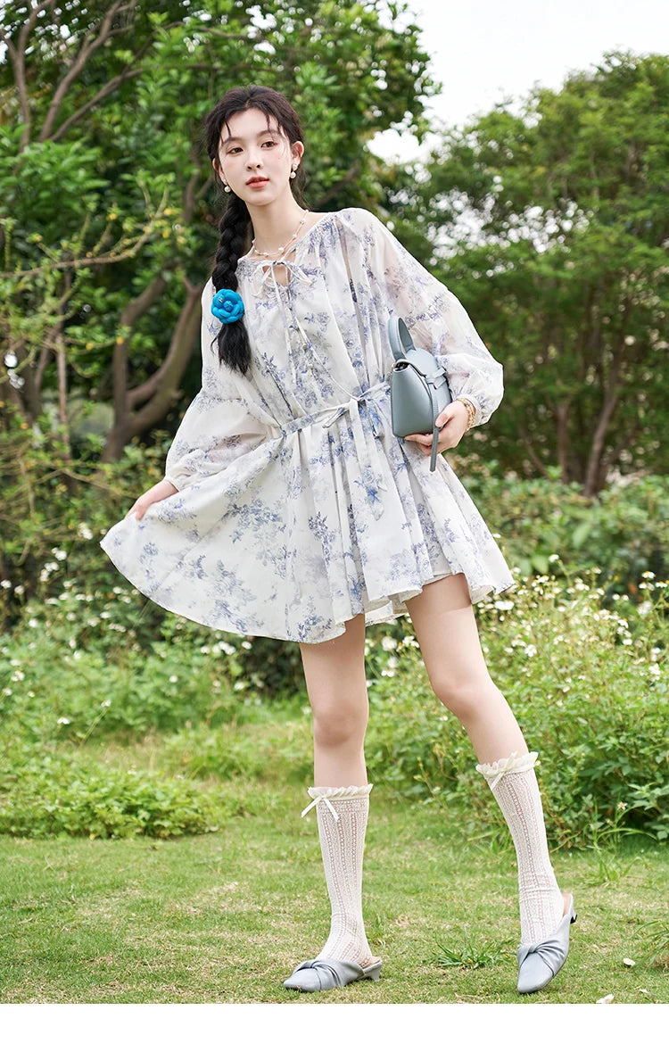 MISHOW Fairy Temperament Floral Puff Sleeved Chiffon Dress Spring Summer 2025 Lace-up O Neck Waist Knee-Length Dress MXD14L1681