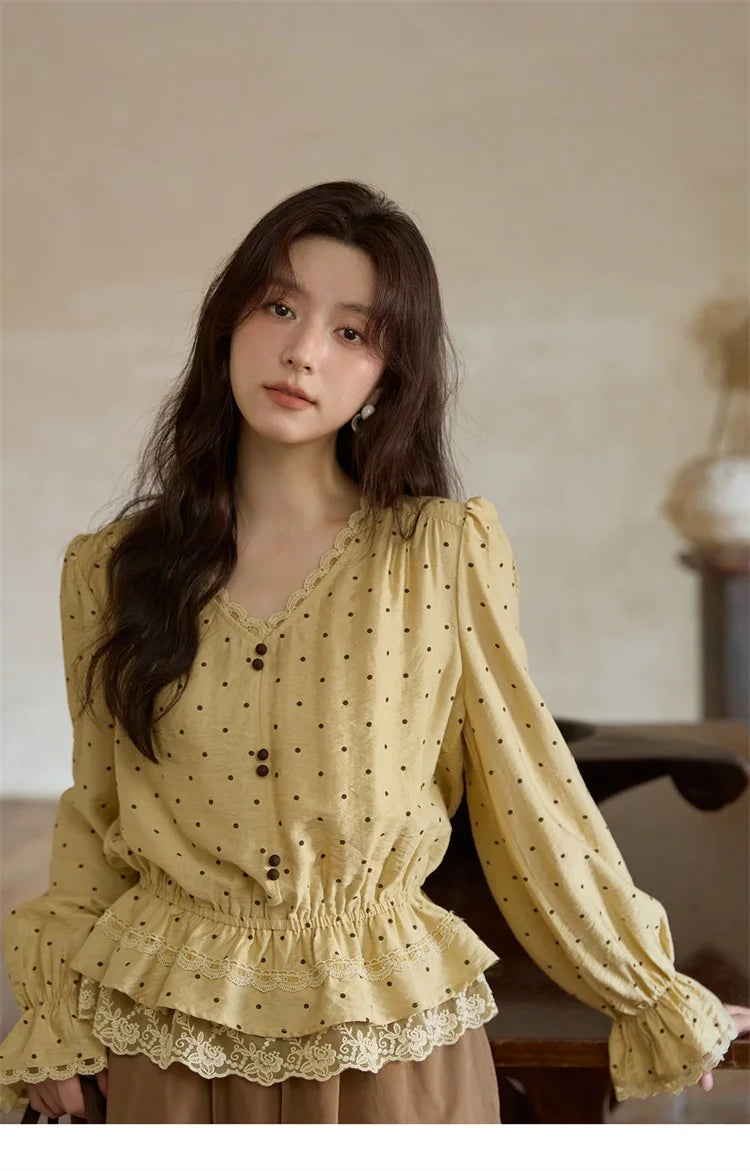 MISHOW Yellow Polka Dot Linen Blouse V-Neck Flare Sleeve MXE42X1975