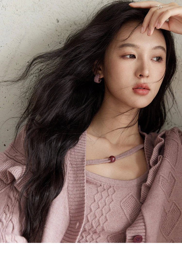 MISHOW Pink Knitwear Camisole Cardigan Separately 2024 Fall Fashion Sweet Knitted Vest Asymmetric Flounce Sweaters MXD45Z0781