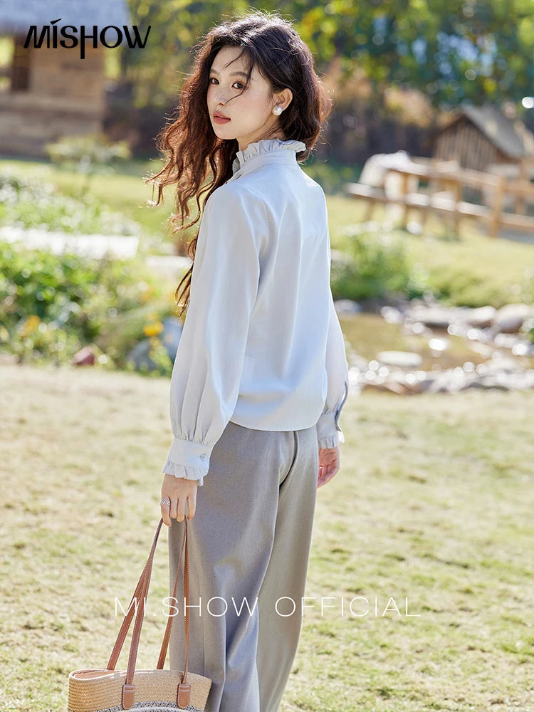 MISHOW French Ribbon Stringy Selvedge Neck Shirt for Women Spring 2025 Slim 100 Lyocell Shirts Solid Commuter Tops MXE13C0383