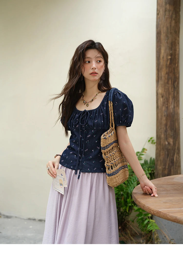 MISHOW Fashion Puff Sleeve Square Neck Blouse for Women 2025 Summer Lace Up Button Print Denim Top Women's Clothing MXE39X1933