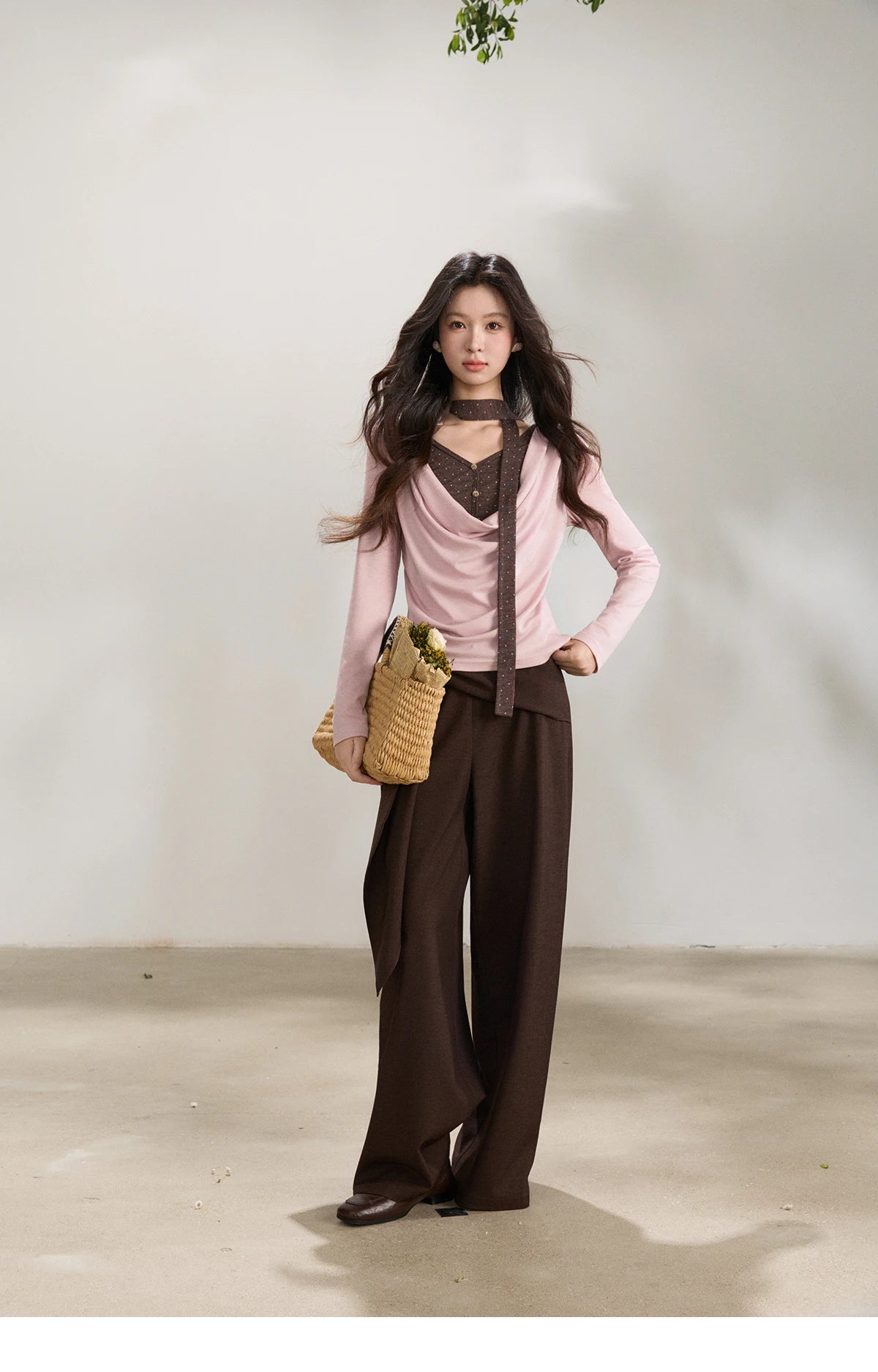 MISHOW Women's Wool Blend Fake Two Piece Draped Neck Knit Top 2026 Spring Wave Point Ribbon Contrast Color Casual Top MXF13Z2977