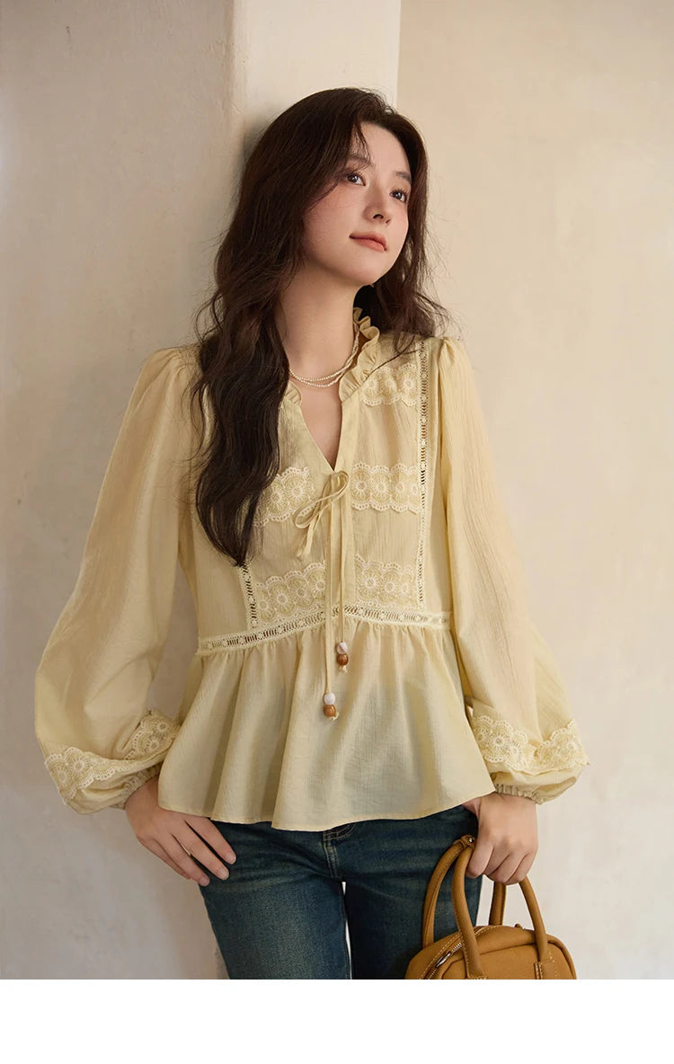 MISHOW French Thin V-neck Blouse 2025 Autumn Lace Patchwork Elastic Cuffs Top Bead Drawstring Lantern Sleeves Blouses MXE41X1925