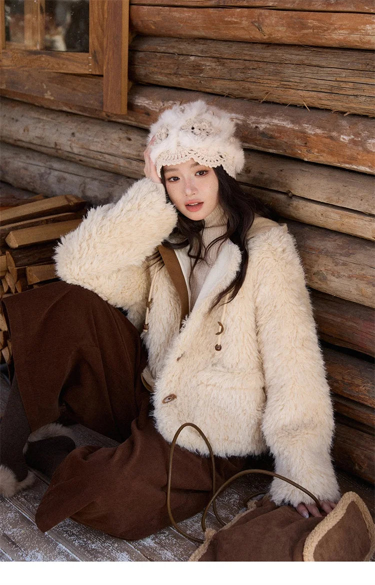 MISHOW Winter Jacket Women 2025 Fashion Beige Knitted Hooded Plush Coat Casual Commute Warm Windproof Short Coat MXE86W0908