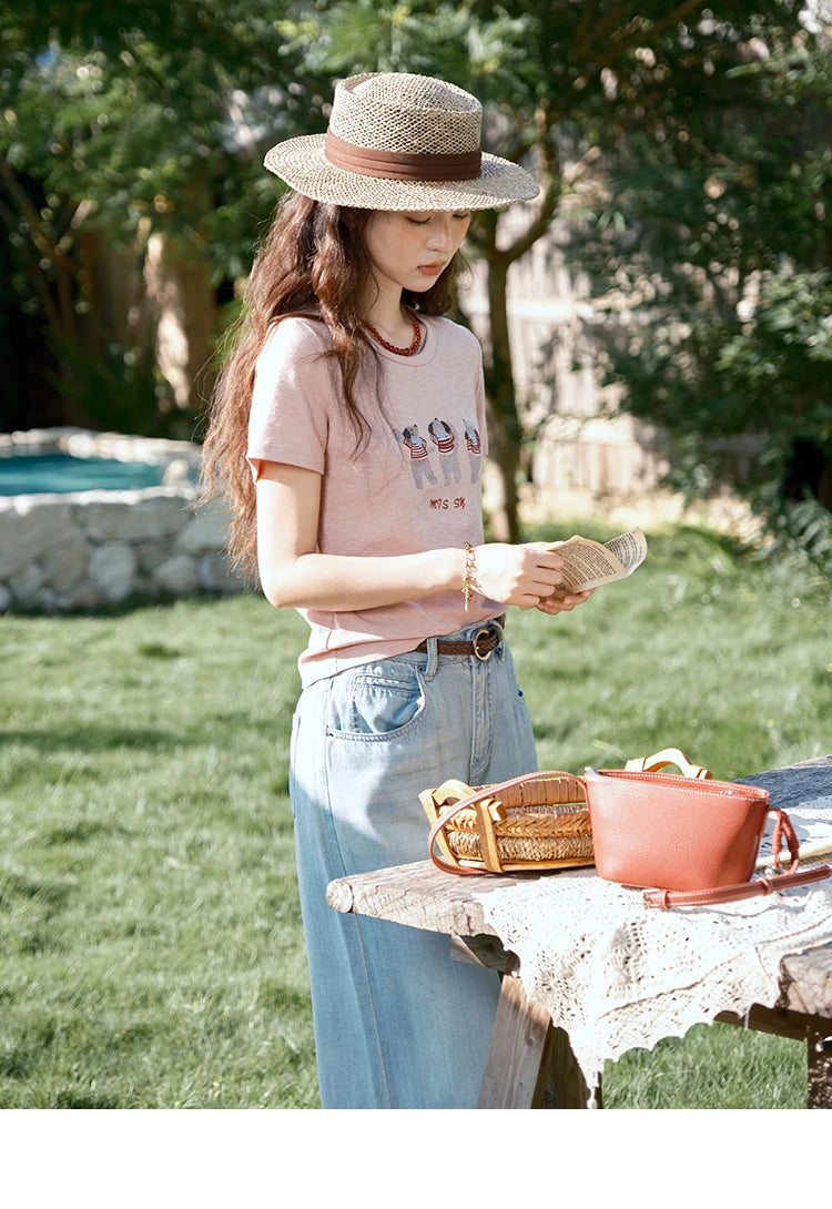 MISHOW Short Sleeve Little Bear Print T-shirt for Women 2025 Summer New O-Neck Embroidery Top Versatile Loose Tee MXE39T0699