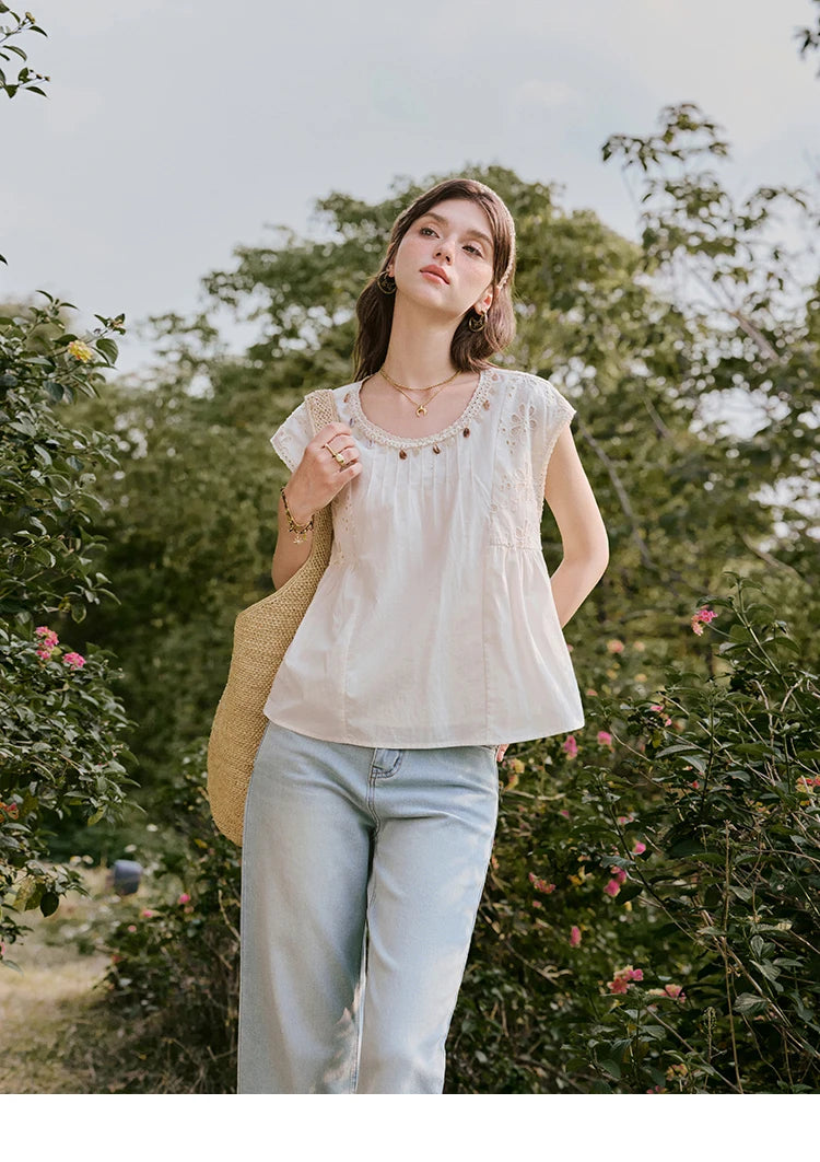 MISHOW French Summer Elegant Blouses Women 2025 Solid Short Flying Sleeve Round Neck Hollow Lace Shirts Woman Fashion MXE33X1778