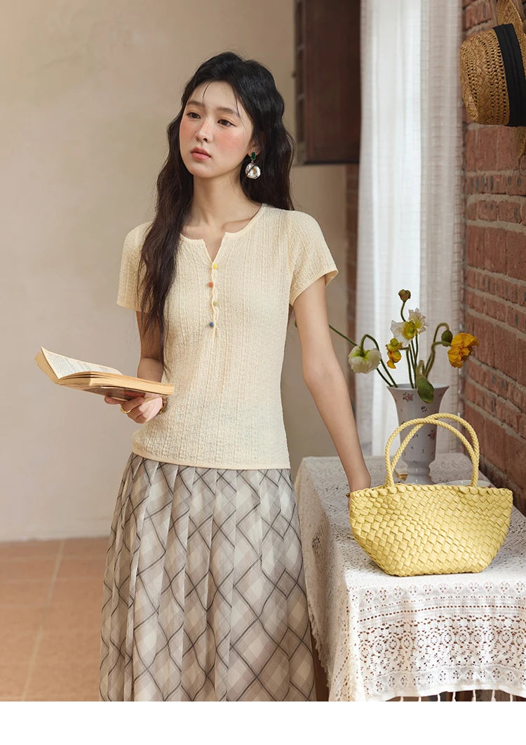 MISHOW Apricot Green Retro Plaid Skirt for Women Summer 2025 Pleated Chiffon High Waist Elegant Slim A-line Skirts MXE35B0747