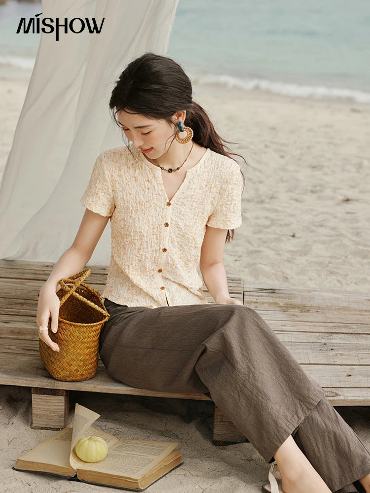 MISHOW Print Casual Summer T-shirts Women 2025 New Short Sleeve V-neck Thin Knitted Shirt Female Fashion Breathable MXE31Z1234