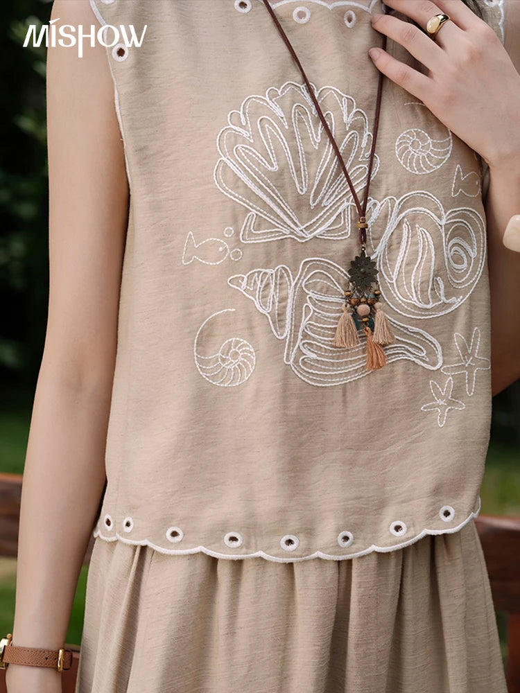 MISHOW Two-Piece Ladies Set 2025 Summer Hollow Out Embroidery Top Lace Spliced Elastic Waist Half Skirt Female Set MXE35T0594