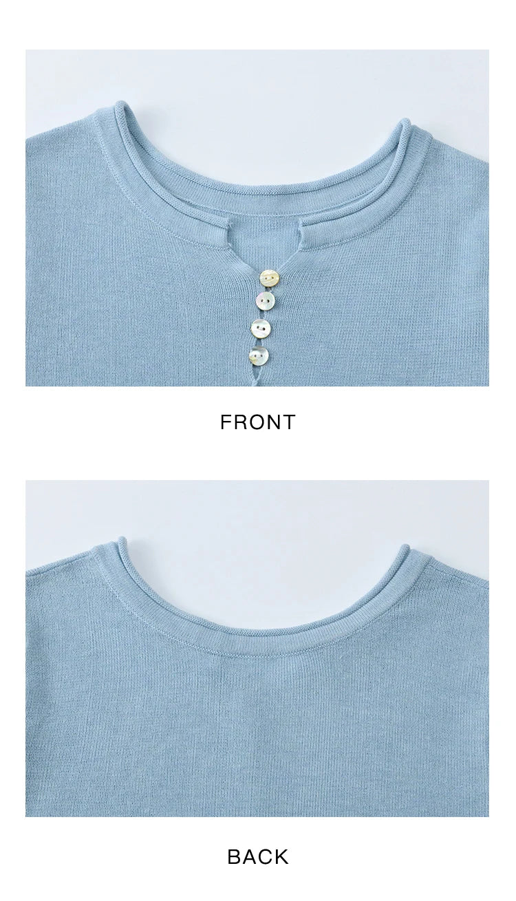 MISHOW Sheep Wool Knitted T-shirt for Women 2025 Summer New Button O-Neck Short Sleeve Blue Top Female Clothing MXE34Z1262