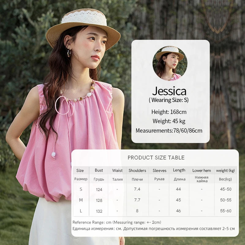 MISHOW French Rose Red Blouses Women Summer 2025 Sleeveless Round Neck Beaded Strap Design Short Tops Lady New Thin MXE32X1773