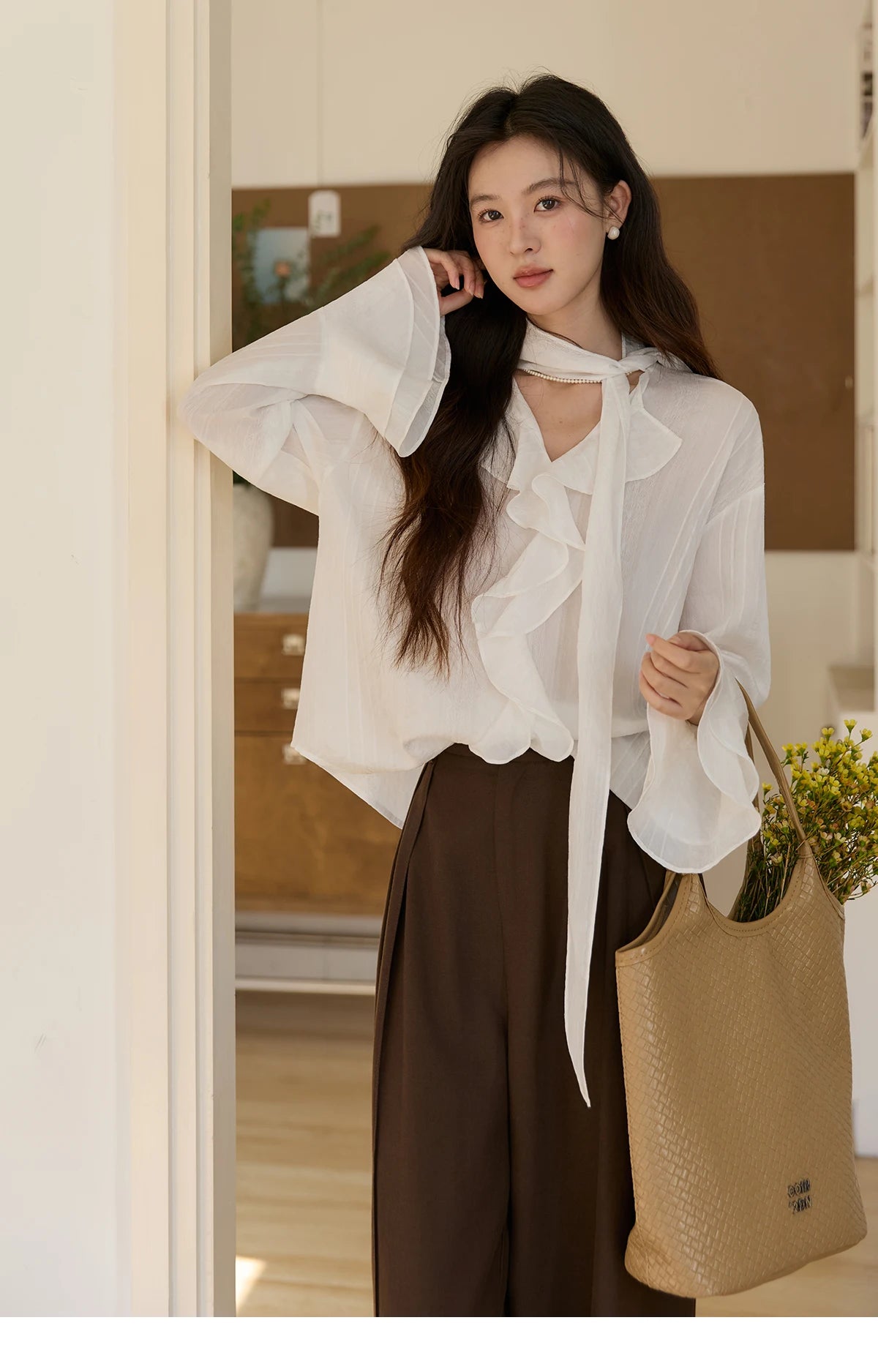 MISHOW Women's Ruffle Trim Chiffon Blouse with Detachable Scarf 2026 Spring Long Sleeve Loose Fit Casual White Top MXF108X0999