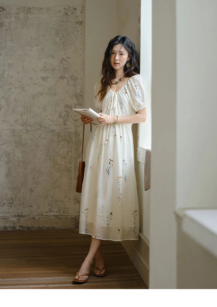 Mishow V-Neck Lace-Up Embroidery Vacation Dress MXE34L2284
