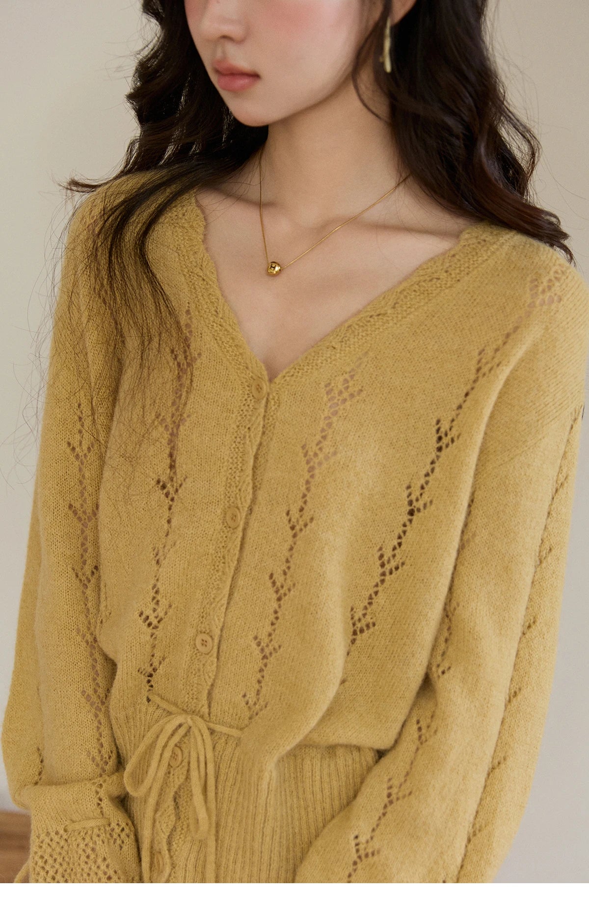 MISHOW Women's Yellow Knitted Cardigan 2026 Spring Hollow Out V-Neck Drawstring Waist Long Sleeve Casual Loose Tops MXF108Z1022