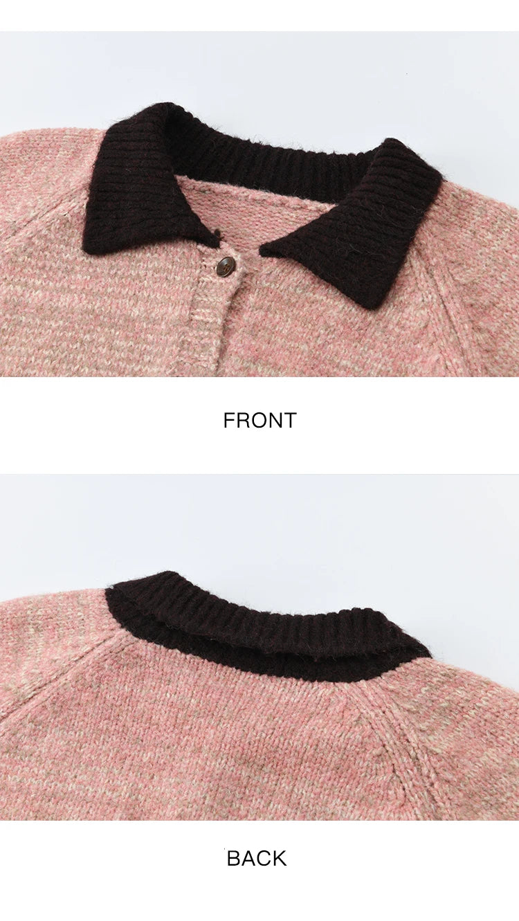 MISHOW Women's Pink Knitted Cardigan Autumn Winter Contrast Collar Bow Pocket  Top Single-breasted Loose Warm Sweater MXE94Z2957