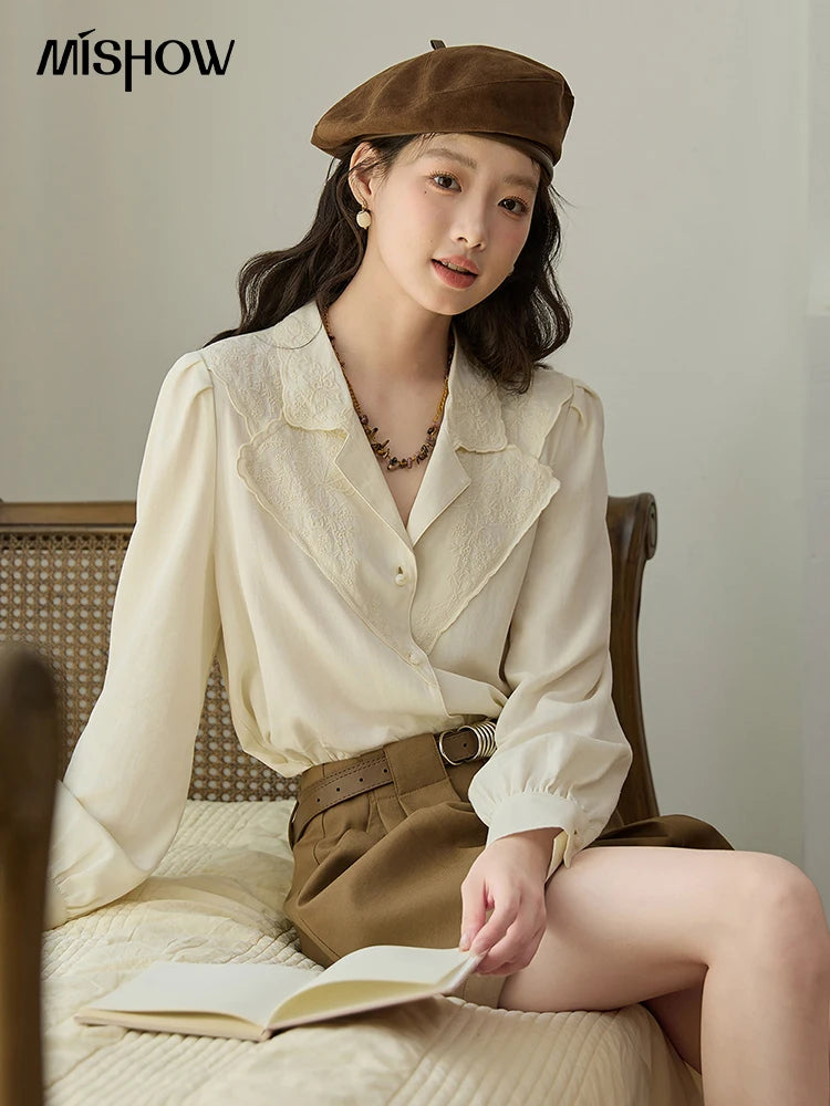 MISHOW Women's Casual Shirts 2025 Autumn Apricot Retro Lace V-neck Top Long Sleeve Lightweight Shirts Women Clothing MXE45X2486