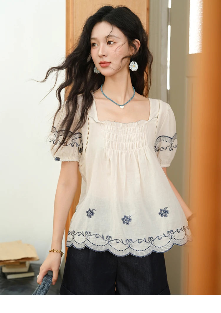 MISHOW Square Neck Puff Sleeve Women's Blouse 2025 Summer Fashion Flower Embroidery Hollow Out Blouse Female Clothing MXE39X1953