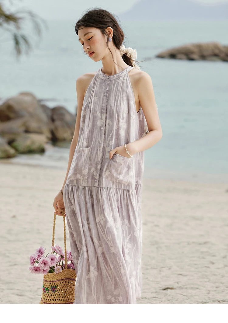 MISHOW Purple Print Chiffon Holiday Dress Women 2025 Summer Sleeveless Stand Collar Slim Dresses Woman New Fashion MXE32L2163