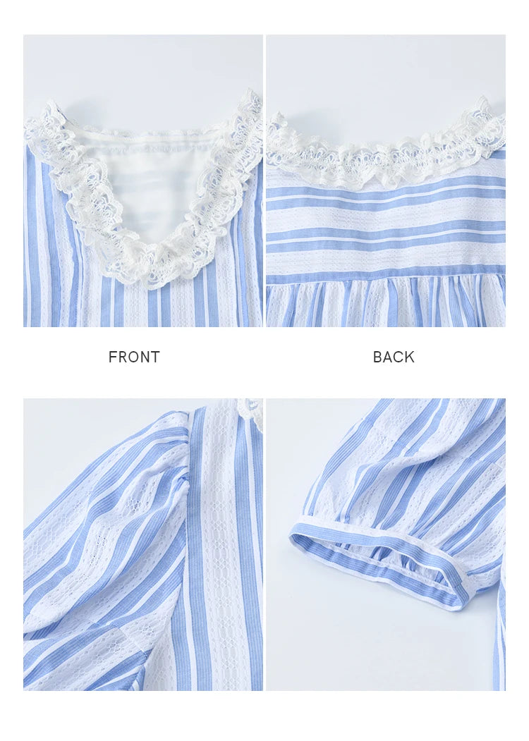 MISHOW 2025 Summer New 100% Cotton Striped Blouse Women Fashion Lantern Sleeve Lace V-neck Casual Top Ladies Clothing MXE36X1845