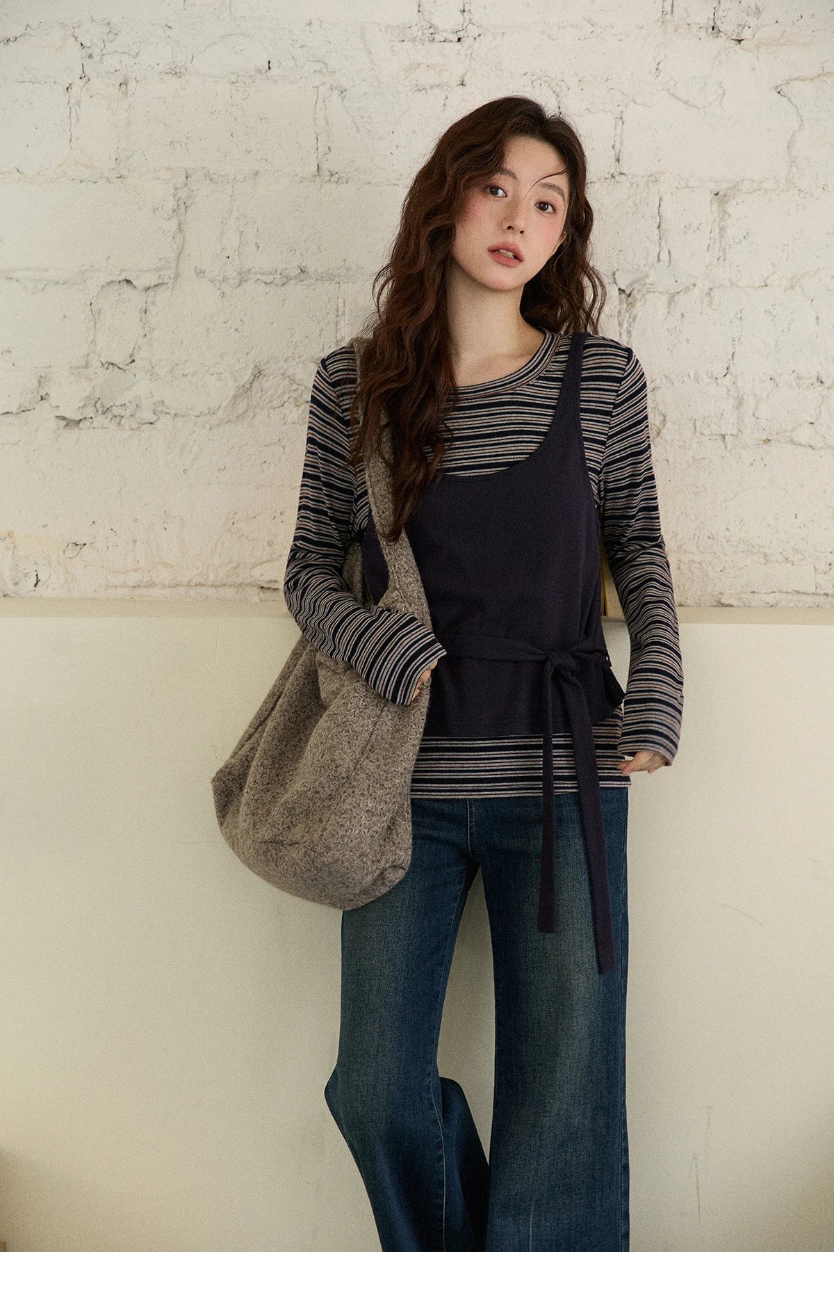 MISHOW Women's Two-Piece Set, 2025 Winter New Retro Casual Round Neck Long Sleeve Striped Top with Tie-Waist Camisole MXE87T1430