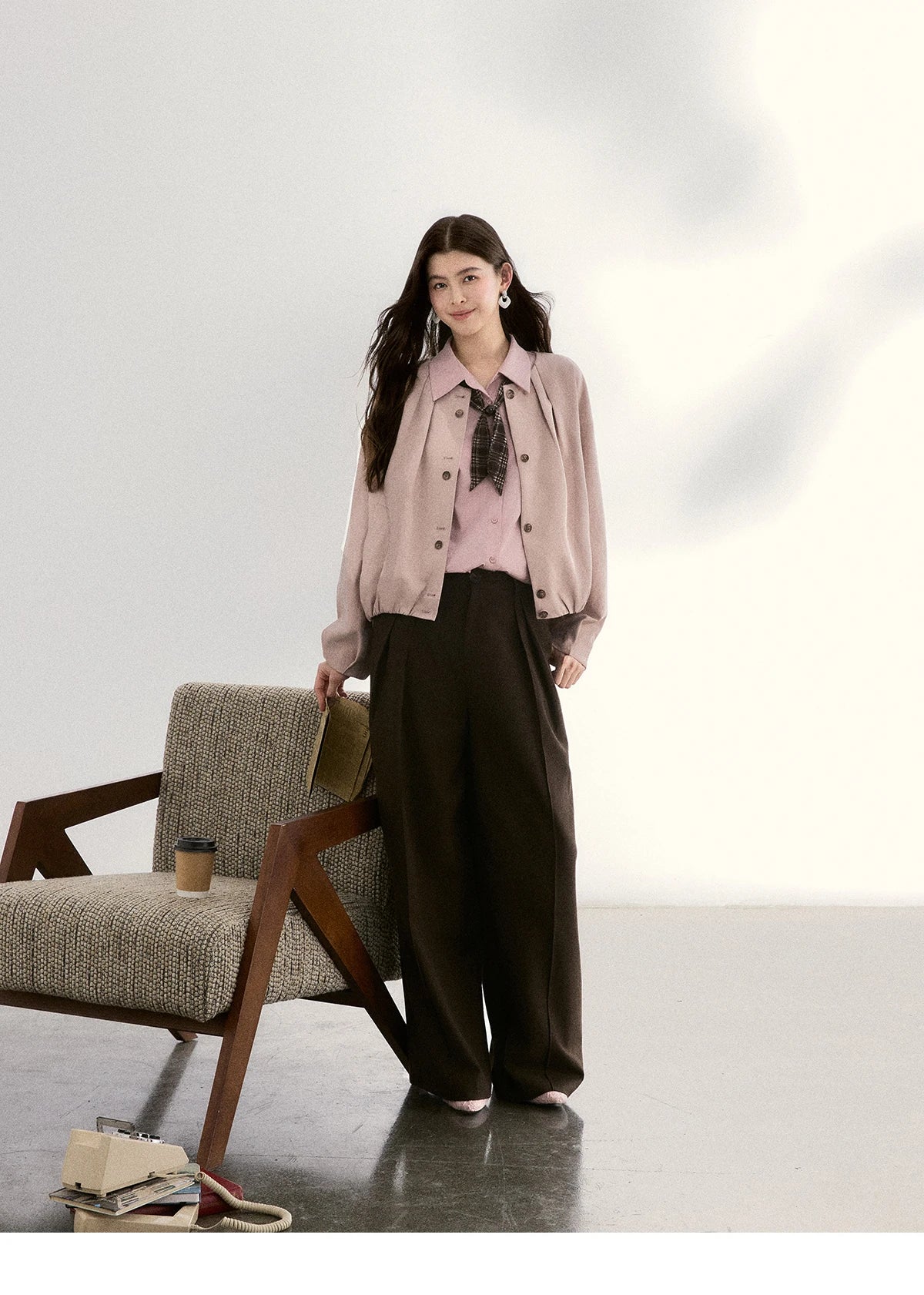 MISHOW Women's Casual Loose Shirt with Plaid Scarf 2026 Spring Lapel Tops Versatile Long Sleeve Shirts Office Lady MXF108C0815