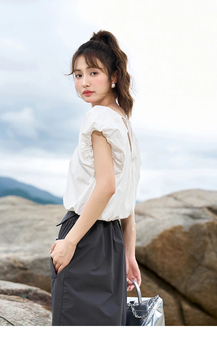 MISHOW Soft Blouses for Women 2025 Summer French Rear Collar Tie Up Solid Short Sleeve Solid V Neck Puff Sleeve Tops MXC38X1275