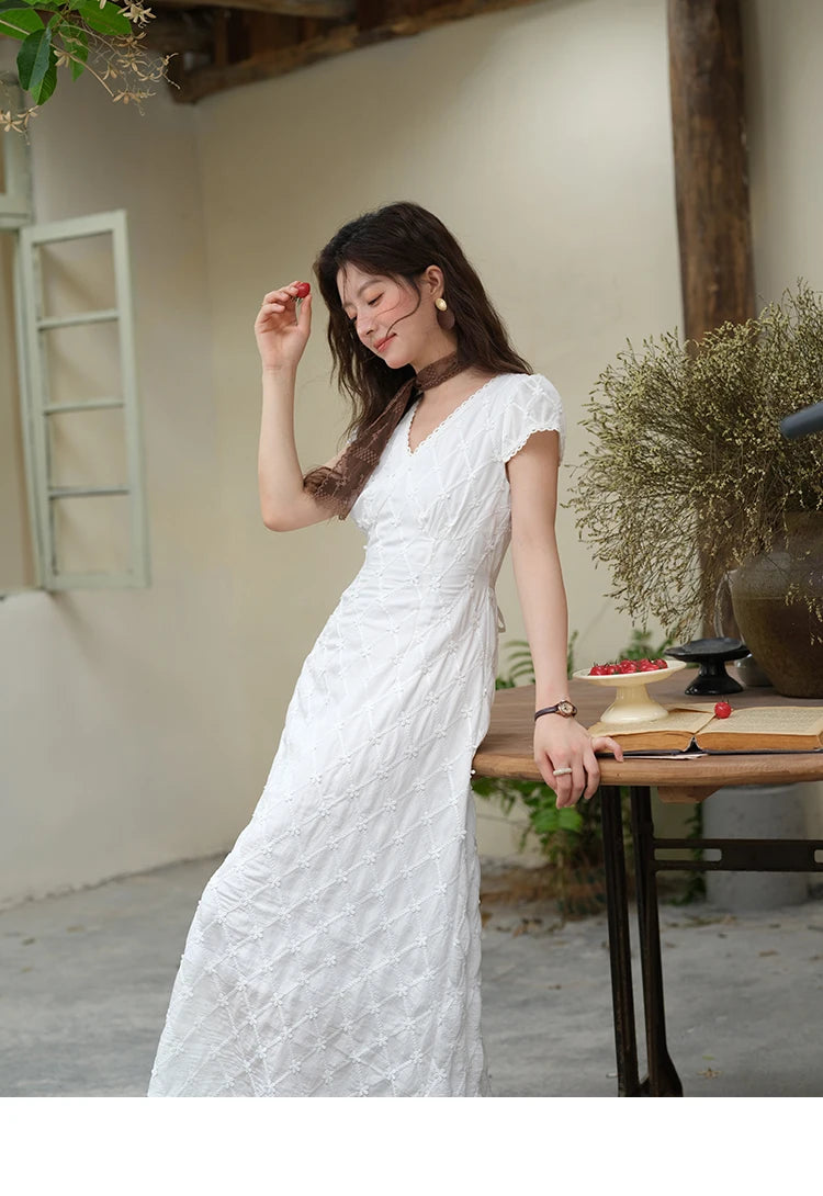 MISHOW Women's V-neck Lace Spliced Dress 2025 Summer New Embroidery Vacation French Style Jacquard Mid-Length Dresses MXE38L2378