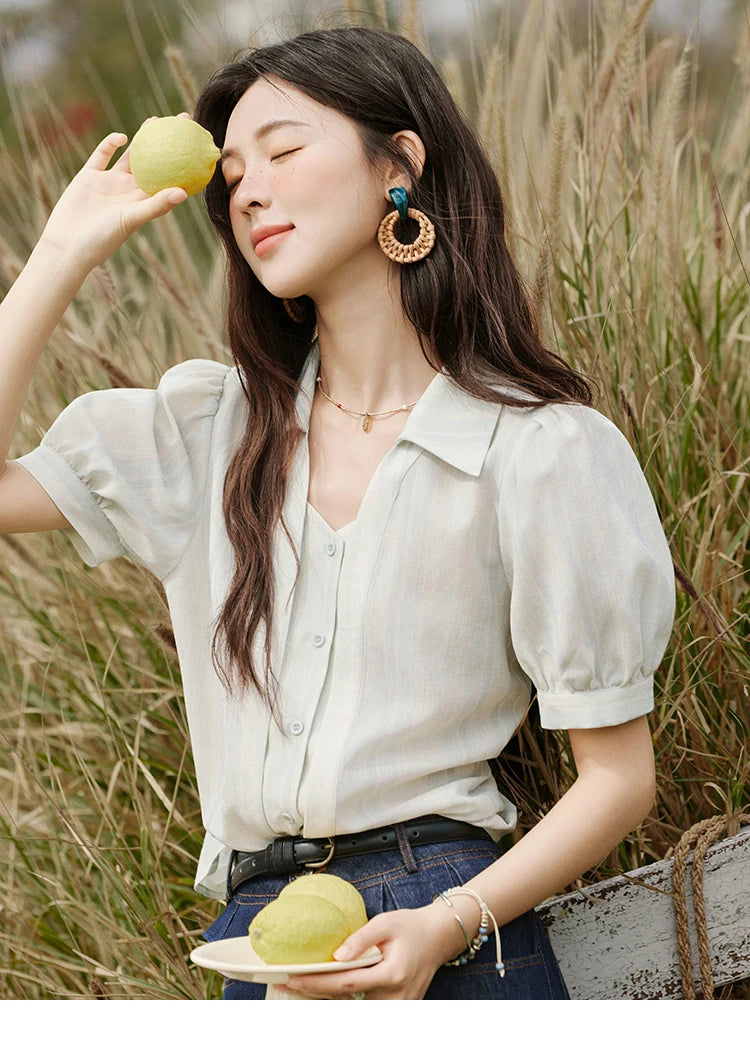 MISHOW French Summer Blouses Women New 2025 Solid Short Sleeve Turn-down Collar Slimming Shirts Female Straight Thin MXE33C0782