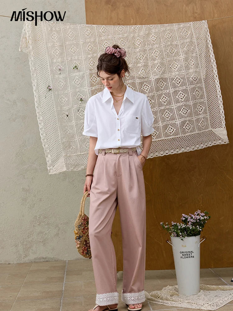 MISHOW Hem Lace Hollow Out Wide Leg Pants for Women Summer 2025 High Waist Loose Pink Pants Straight Leg Trousers MXE31K0900