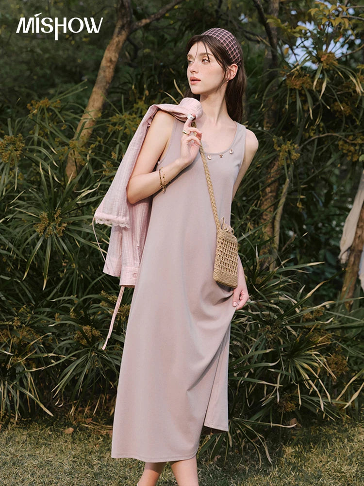 MISHOW Holiday Summer Vest Dresses Women 2025 New Solid Sleeveless Round Neck Slimming Long Dress Female Fashion MXE33L2205