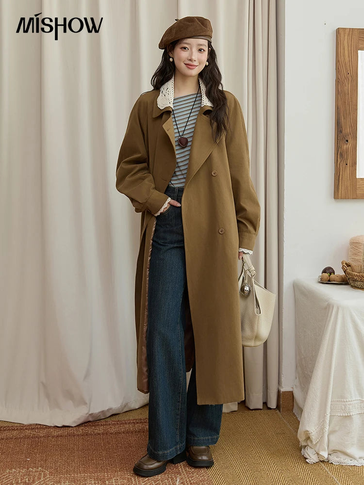 MISHOW Trench Coat Women 2025 Autumn Fashion Light Khaki Lace Long Windbreaker Jacket Long-sleeved Coat with Belt MXE45W0830