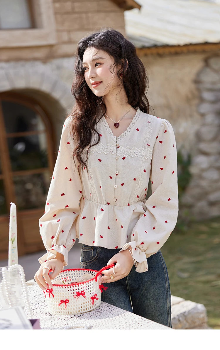 MISHOW Women's Love Embroidered V-neck Blouses 2025 Spring Linen Cotton Retro Slim Tops Sweet Waist Ruffle Blouse MXE13X1700