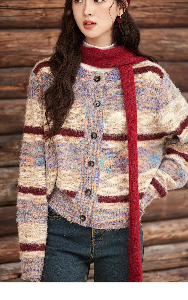 MISHOW Striped Sweaters Short Contrast Color Loose Casual O-Neck Single Breasted Tops Soft Warm Knitted Cardigans MXD59Z1061