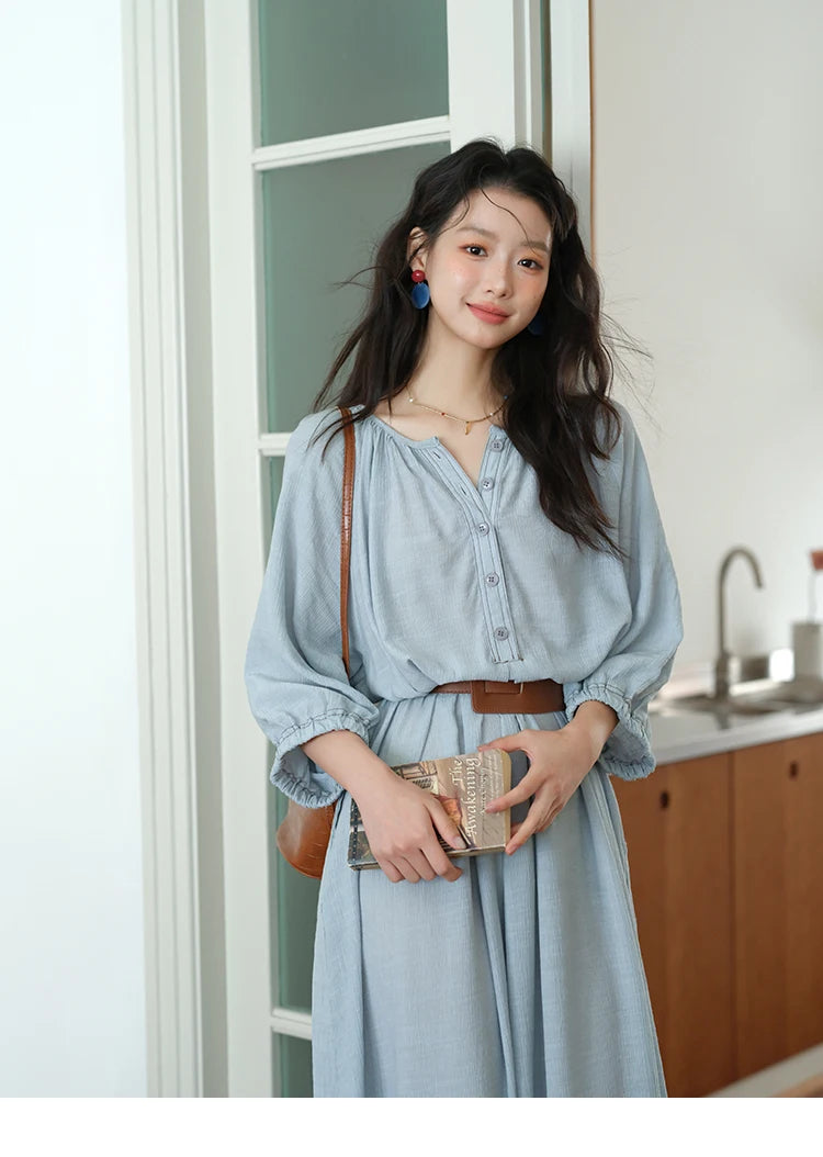 MISHOW Women's Half Sleeve Button Bamboo Knot Dress with Bohemian Belt 2025 Autumn Blue Long Dress Ladies Clothing MXE20L2468