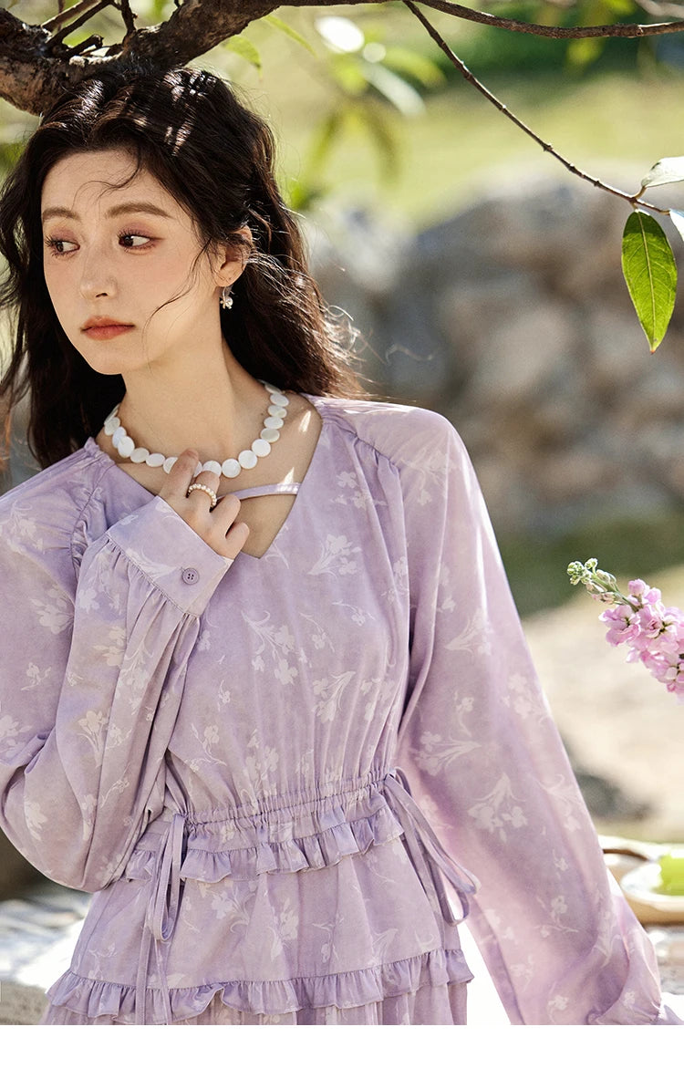 MISHOW Elegant Black Fungus Edge Dress for Women Spring 2025 Floral Lace-up Waist Dresses Long Sleeved Cake Dress MXE13L2101