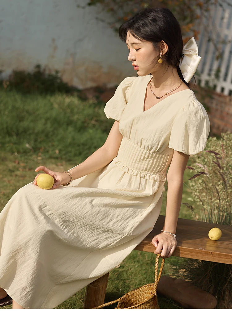 MISHOW French Summer Dresses Women 2025 New Short Puff Sleeve V-neck Solid Cotton Blended Dress Female Slimming MXE34L2288