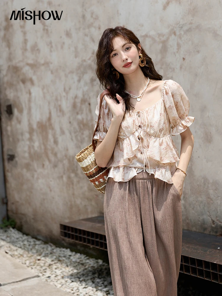 MISHOW French Floral Print Square Neck Shirt for Women 2025 Summer Bubble Sleeve Patchwork Double-layer Ruffle Tops MXD30X1565
