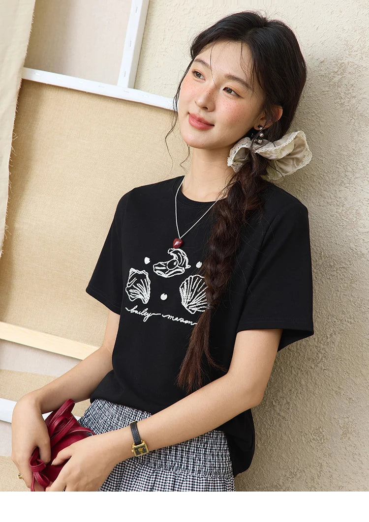 MISHOW Women's Shell Embroidered T-shirt 2025 Summer Short Sleeve Cotton Blend Tops Loose Slim Round Neck Casual Tees MXE34T0570