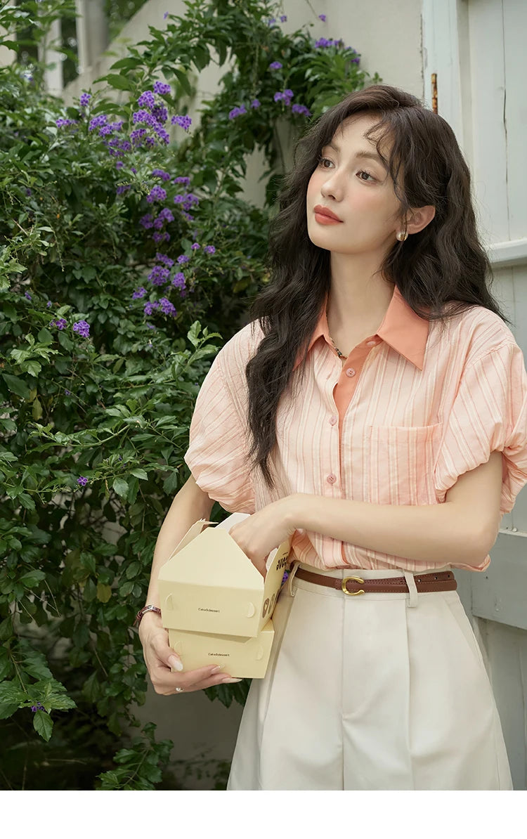 MISHOW Women's Hong Kong Retro Pink Striped Shirt 2024 Summer Short Sleeve Bubble Sleeve Single Breasted Lapel Top MXD28C0250