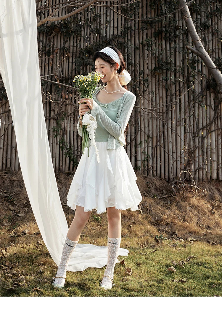 MISHOW Light Green Camisole Knit Cardigan Two-piece Set Spring Summer 2025 Lace Bow Camisole V-neck Cardigan Sets MXE15T0504