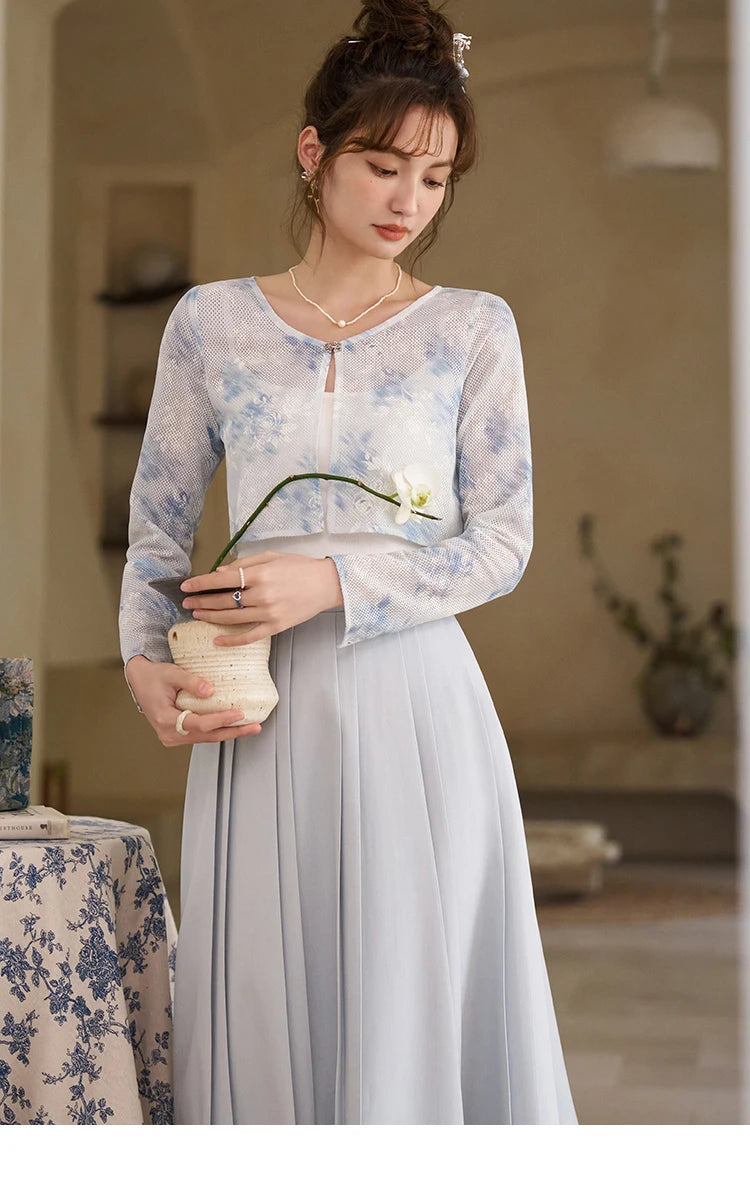 MISHOW Elegant Hollow Out Cardigan Camisole Skirt Separately Spring Lace Printing Short Cardigans Solid Pleated Skirt MXD12W0342