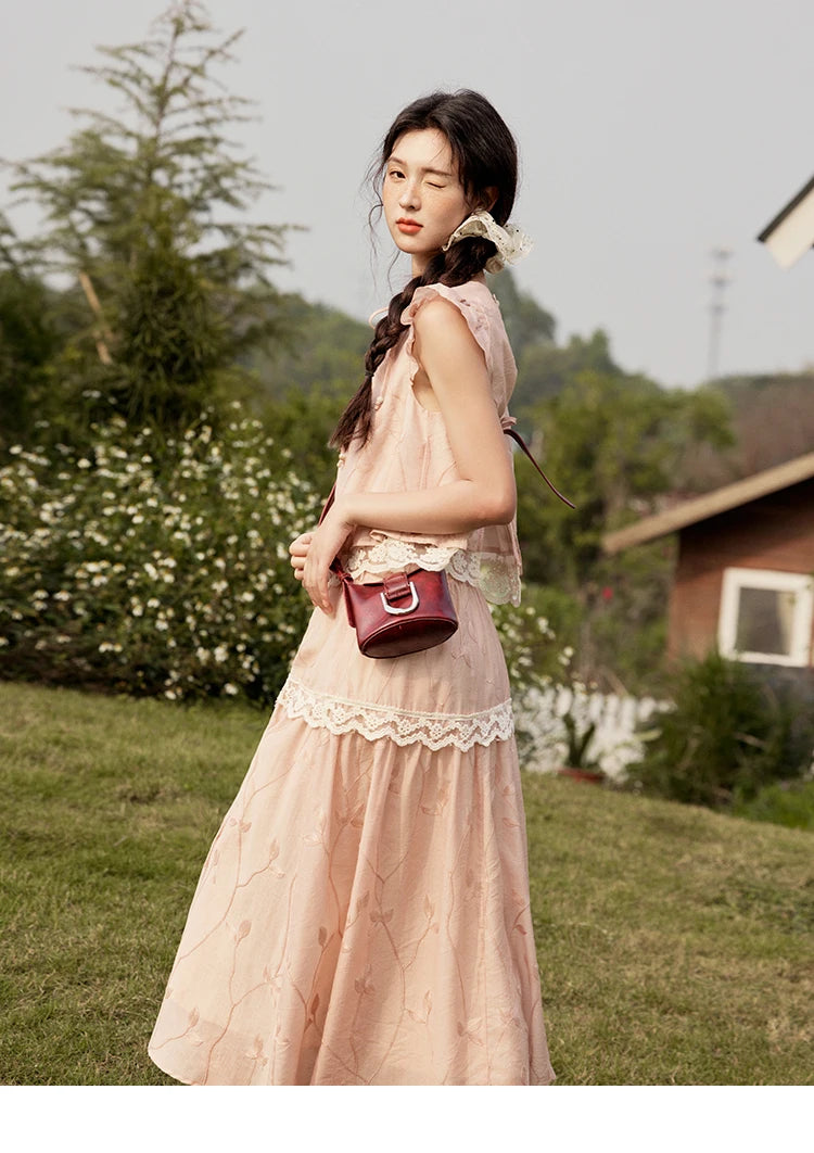 MISHOW Sweet Summer Skirt Sets Women New 2025 Short Flying Sleeve Round Neck Tops Hollow Embroidery A-line Skirt Lady MXE33T0545