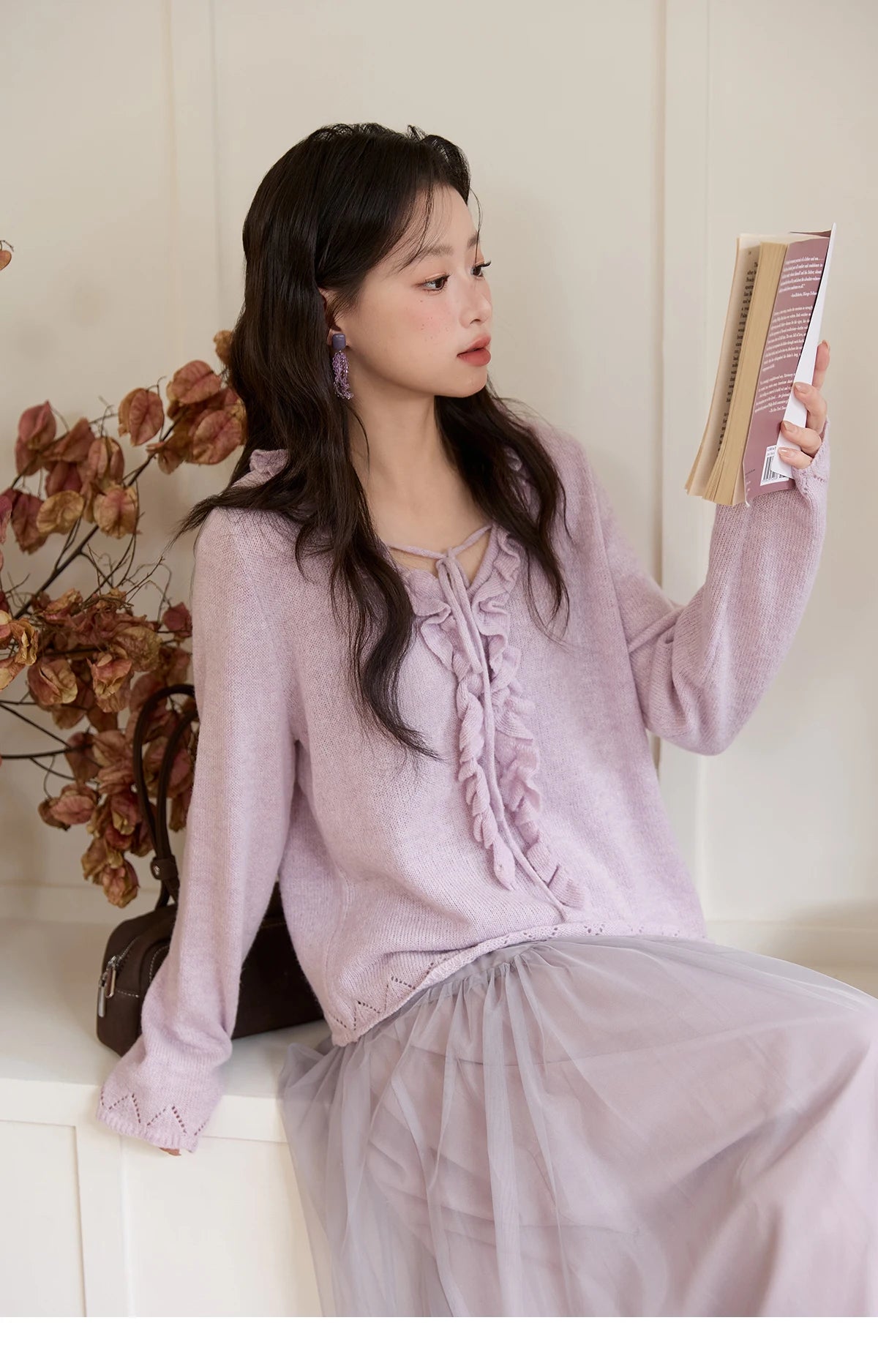 MISHOW Women Long Sleeve Tees 2025 Autumn New V-neck Wood Ear Hollow Out Knitted Sweater Women's  Beige Wool Top MXE51Z2595