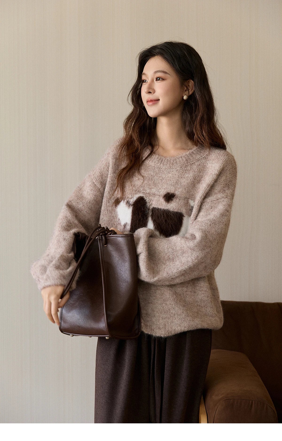 MISHOW Women's Solid Knitted Sweater 2025 Autumn Winter Dog Pattern Jacquard Crew Neck Fluffy Warm Loose Pullover Top MXE94Z2988