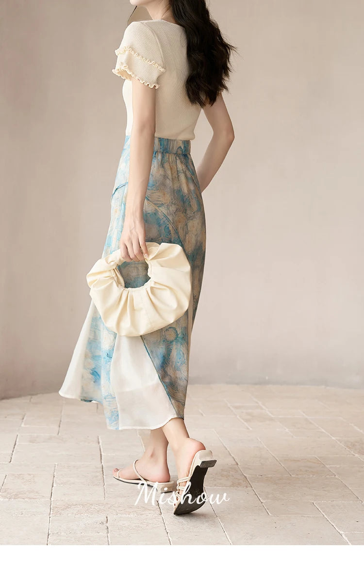 MISHOW French Skirts of Women Fashion 2023 [Van Gogh Collection] Art Pleated High Waist Slim Fit Female A-LINE Skirts MXC39B0095