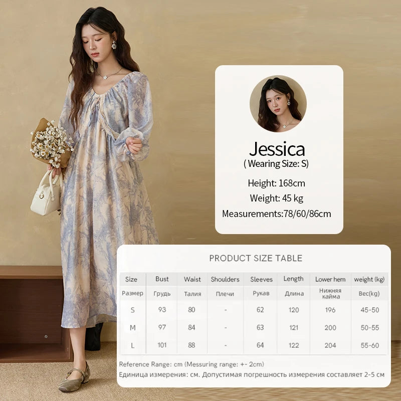 MISHOW Woman Elegant Dress 2025 Autumn Romantic Blue Floral Dress Lace Panel Drawstring A-line Long Dress Autumn MXE45L2507