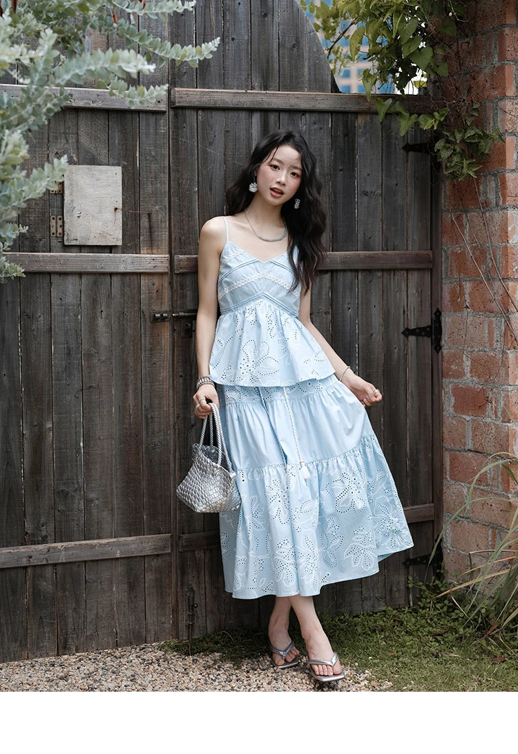 MISHOW Woman 2 Pieces Set 2025 Summer Ladies Fashion Strap V-neck Top Embroidery Flower Hollow Out Drawstring Skirt MXE34T0624