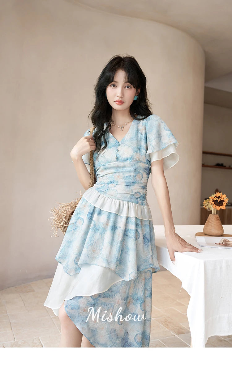 MISHOW [Van Gogh Collection] Fairycore Dresses 2025 Summer Double Layer Sleeves Asymmetrical V-Neck Printing Dress MXC39L1527